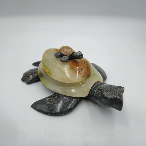 Stone Carved Turtle Box Hinged Lid Mother Baby Vintage Read - Picture 2 of 10